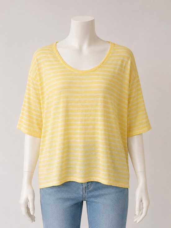 Zara Tops - Zara Yellow White Striped Linen Blend Knit Scoop Neck Tee L